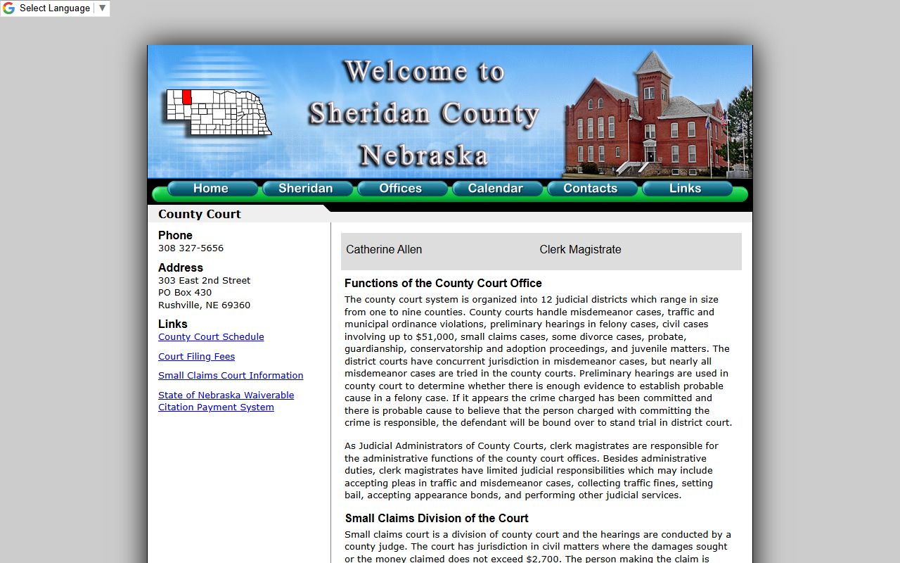 Sheridan County Court official page with court jurisdiction and clerk magistrate details
