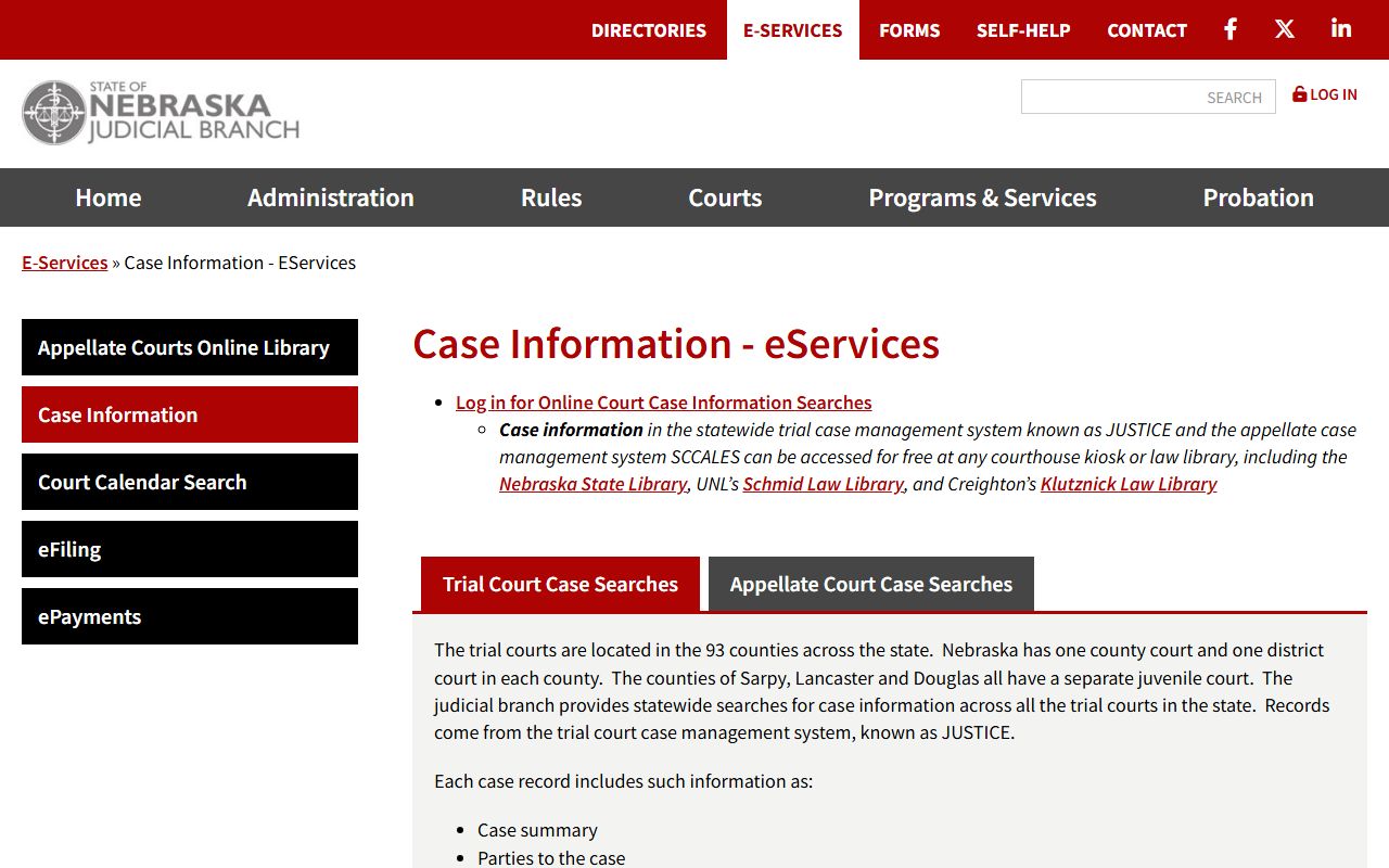 Nebraska Judicial Branch case information page for JUSTICE searches