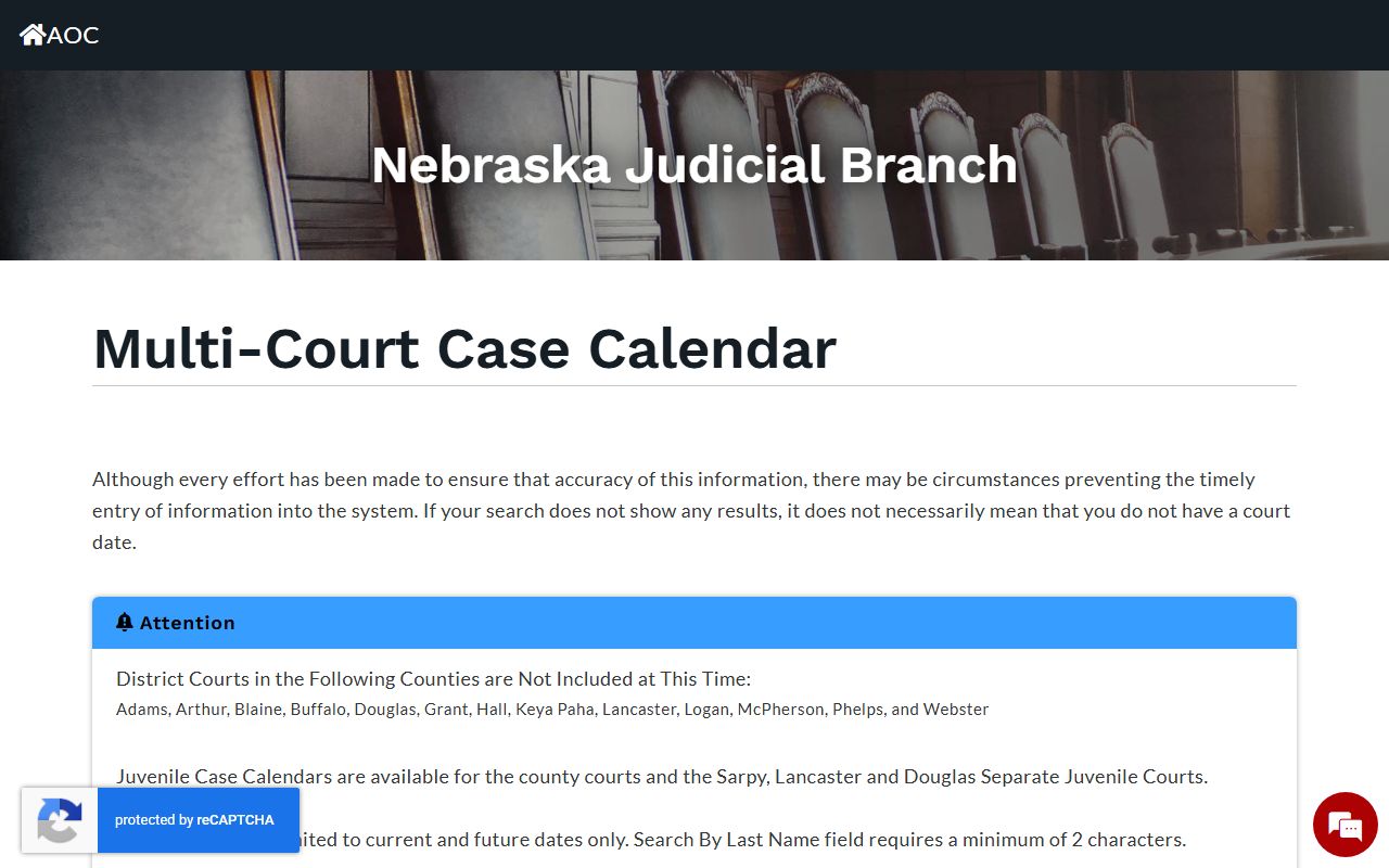 Nebraska multi-court calendar search page
