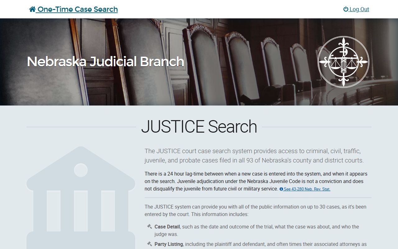 Nebraska JUSTICE one-time case search page